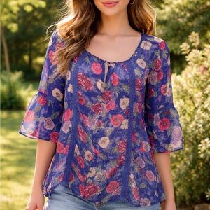 LC Lauren Conrad Blue Floral Tie-Front Peasant Blouse